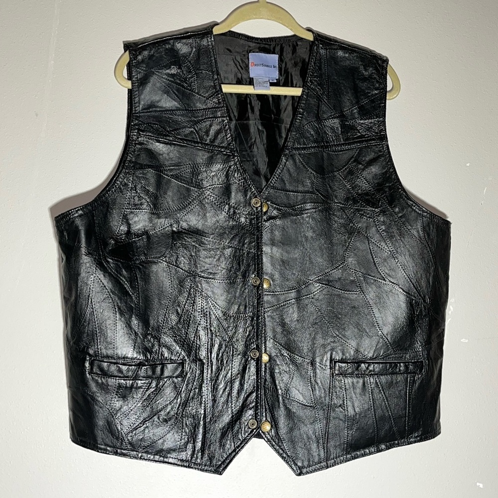 Mens Size XL Black Leather Vest, Lined, Vintage, Snap Front, Direct Source